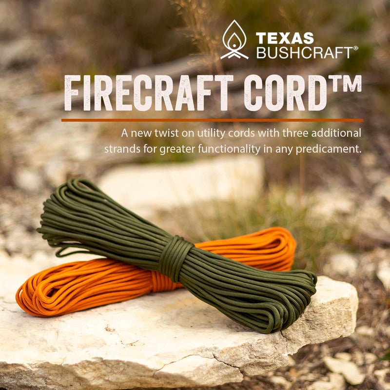 Texas Bushcraft Firecraft Cord - Utility Paracord Survival Rope, Parachute Cord for Survival Gear â€“ 3 Extra Strands for Emergency Preparedness Fishing, Sewing and Tinder (Army Green, 100 ft) - Image 2